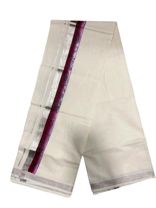 Kerala Pure Cotton Double Mundu with Mural Hand Painted Design on Silver Kasavu Border (Onam 2024 Special)