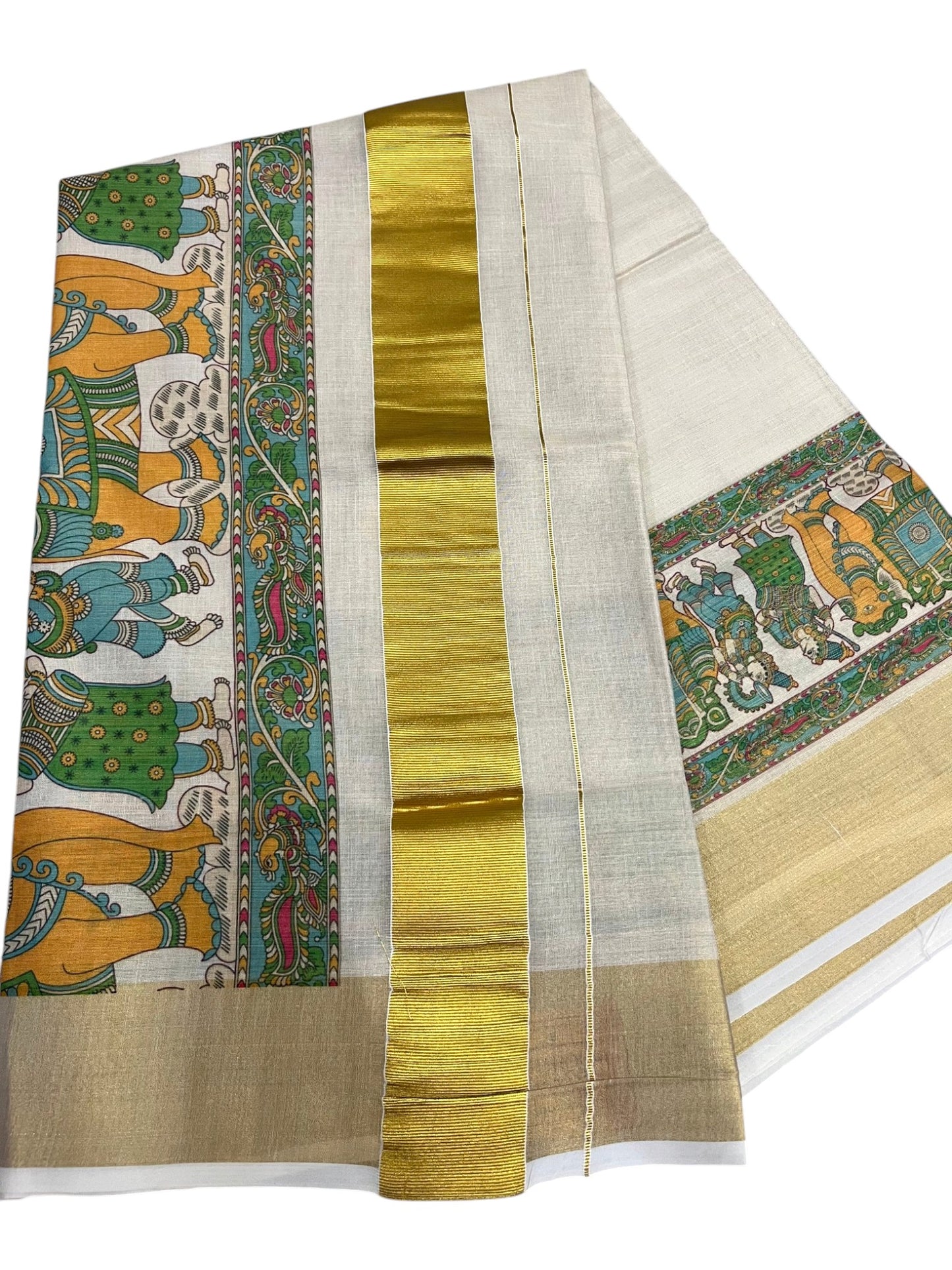 Southloom Kerala Tissue Kasavu Saree With Mural Digital Print Works on Border