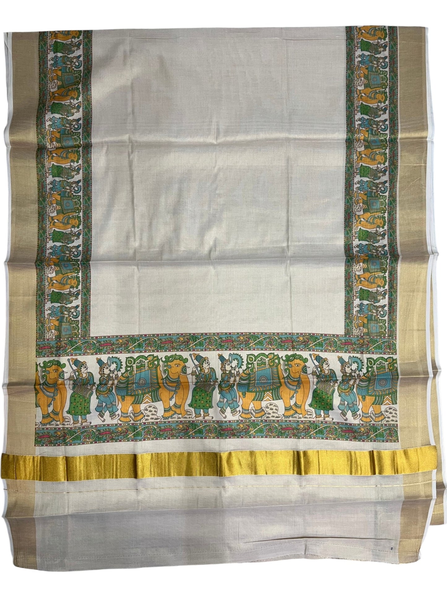 Southloom Kerala Tissue Kasavu Saree With Mural Digital Print Works on Border
