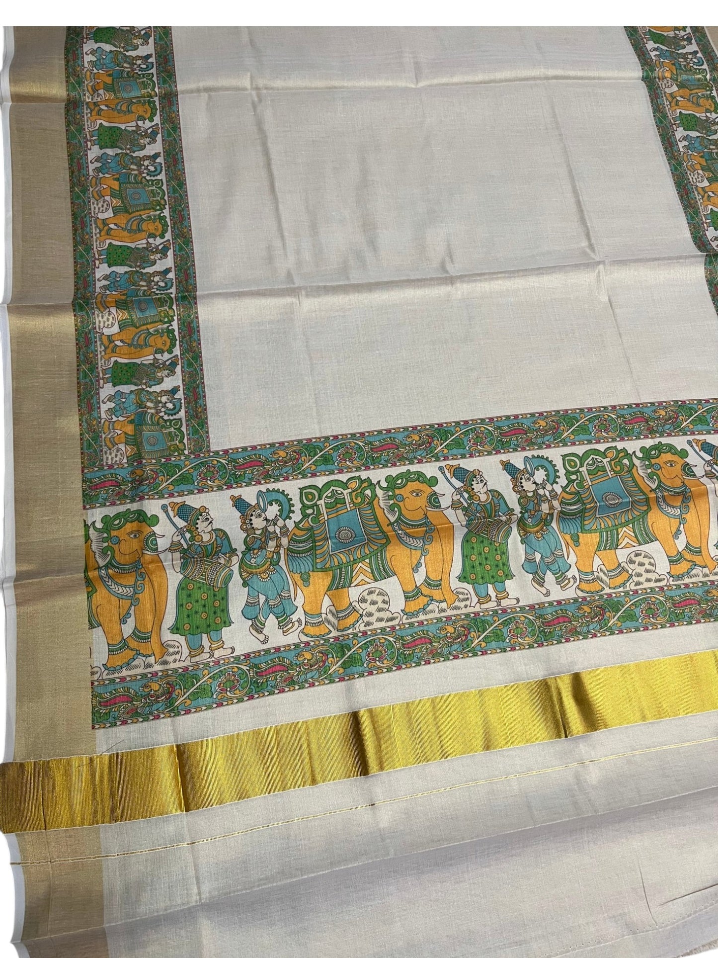 Southloom Kerala Tissue Kasavu Saree With Mural Digital Print Works on Border