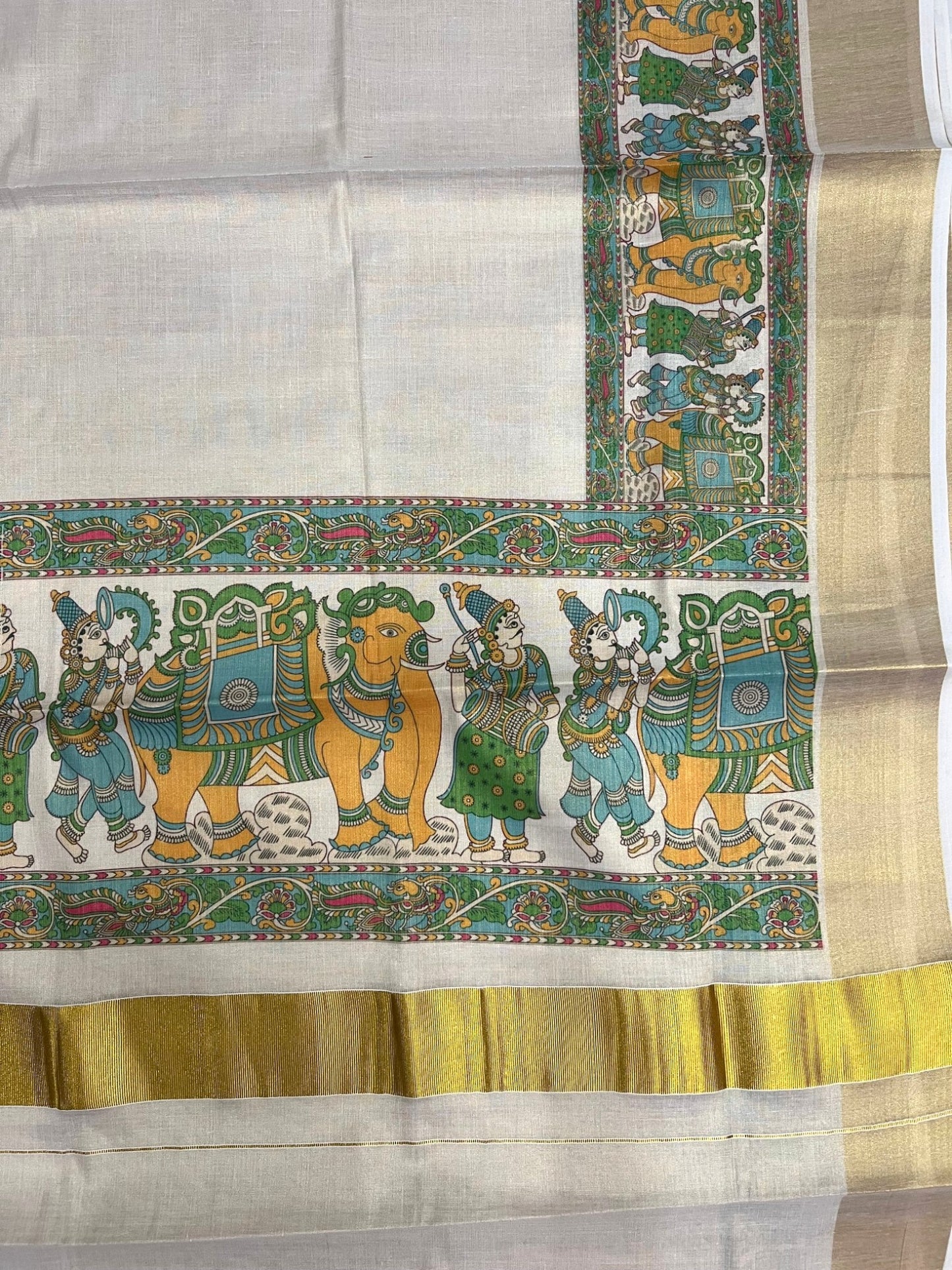 Southloom Kerala Tissue Kasavu Saree With Mural Digital Print Works on Border