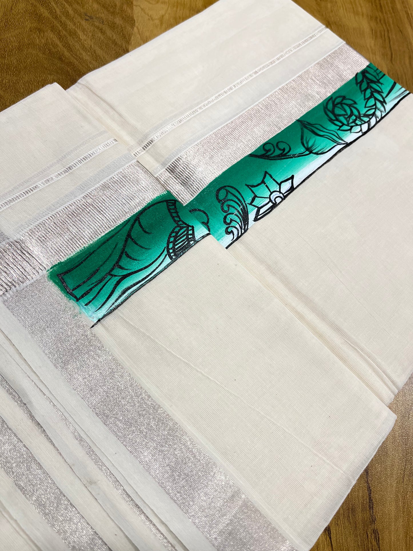 Kerala Pure Cotton Double Mundu with Mural Hand Painted Design on Silver Kasavu Border (Onam 2024 Special)