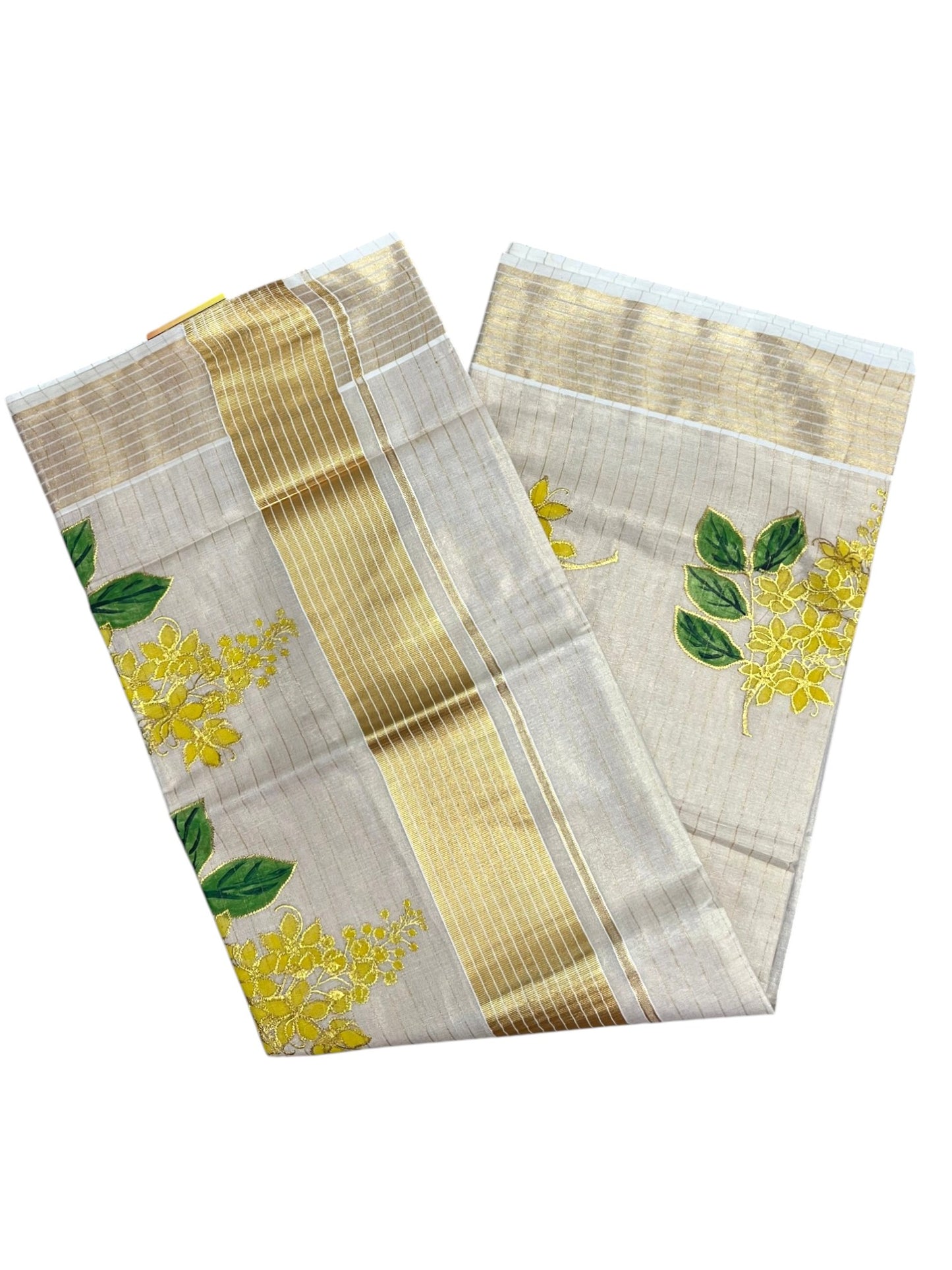 Southloom Tissue Kerala Kasavu Saree with Kanikonna Embroidery Work on Body