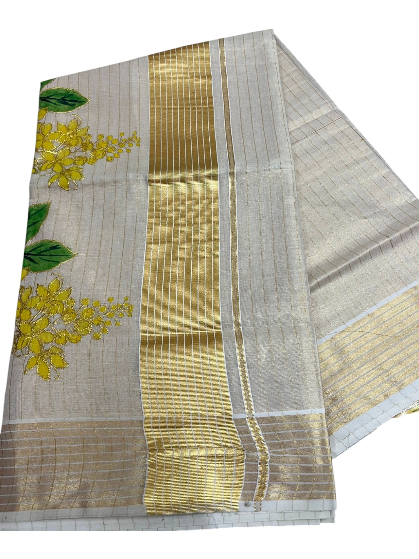 Southloom Tissue Kerala Kasavu Saree with Kanikonna Embroidery Work on Body