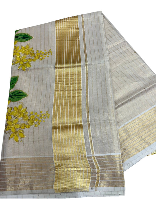 Southloom Tissue Kerala Kasavu Saree with Kanikonna Embroidery Work on Body