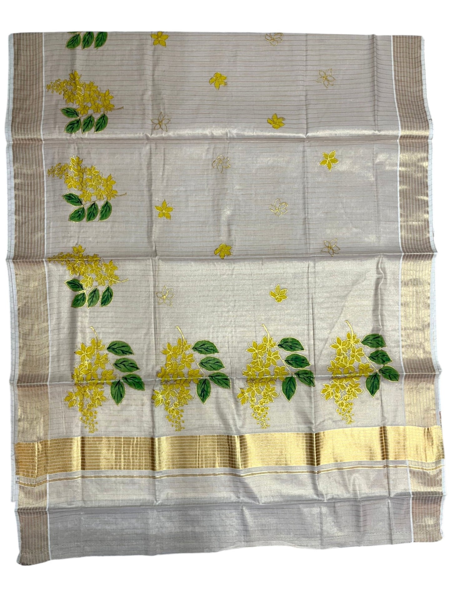 Southloom Tissue Kerala Kasavu Saree with Kanikonna Embroidery Work on Body