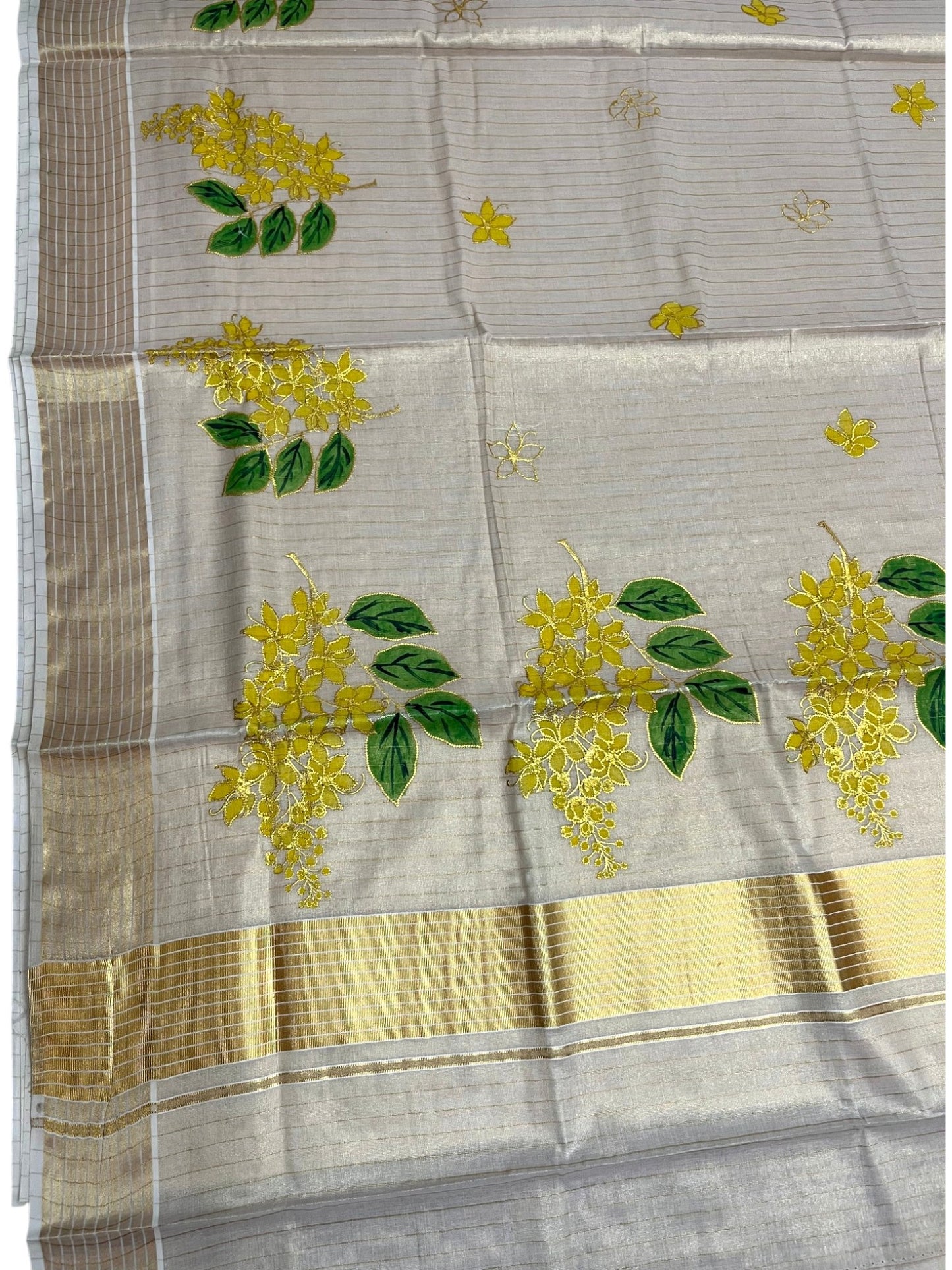 Southloom Tissue Kerala Kasavu Saree with Kanikonna Embroidery Work on Body