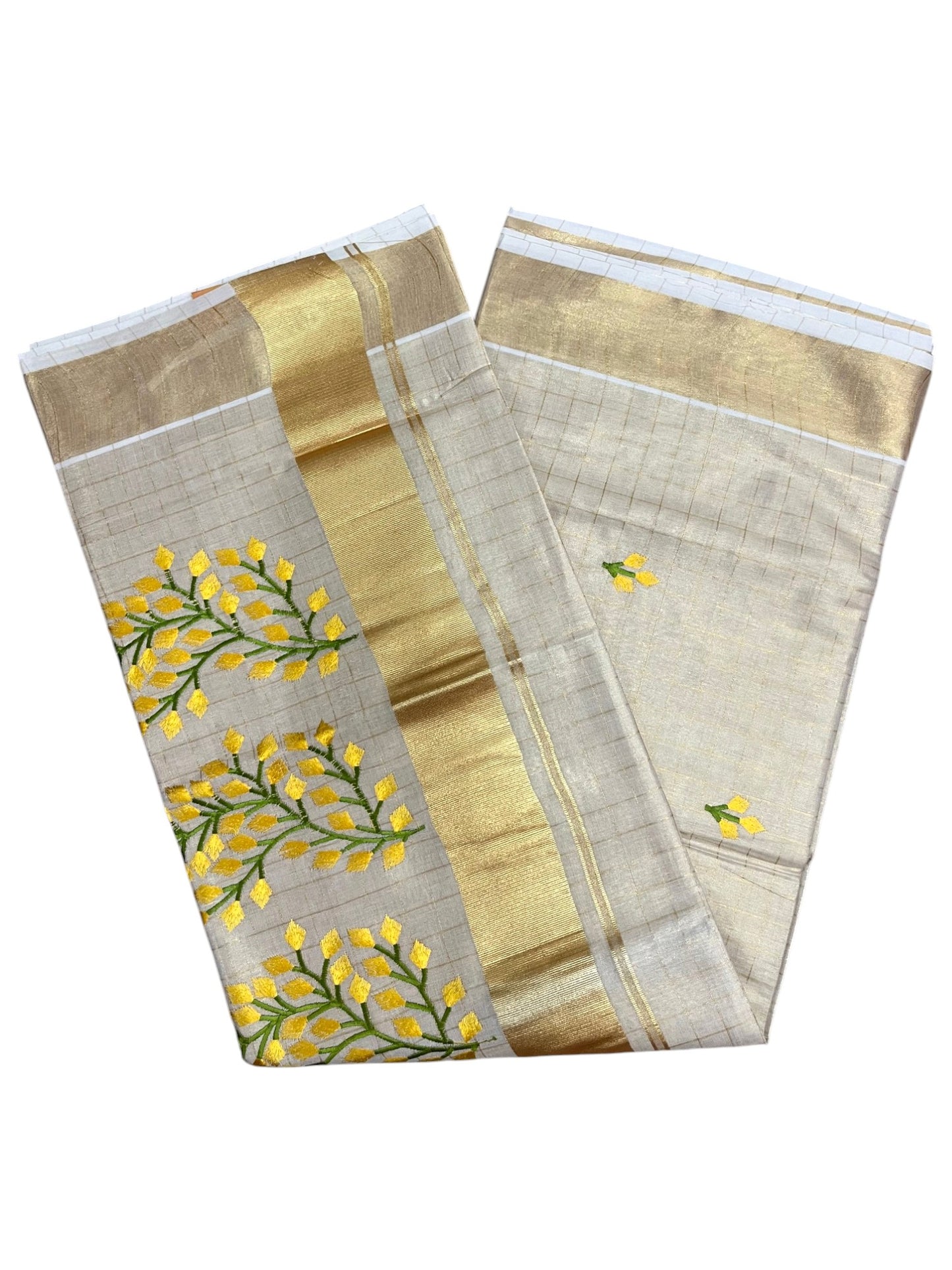 Southloom Kerala Tissue Kasavu Check Saree with Yellow Floral embroidery work
