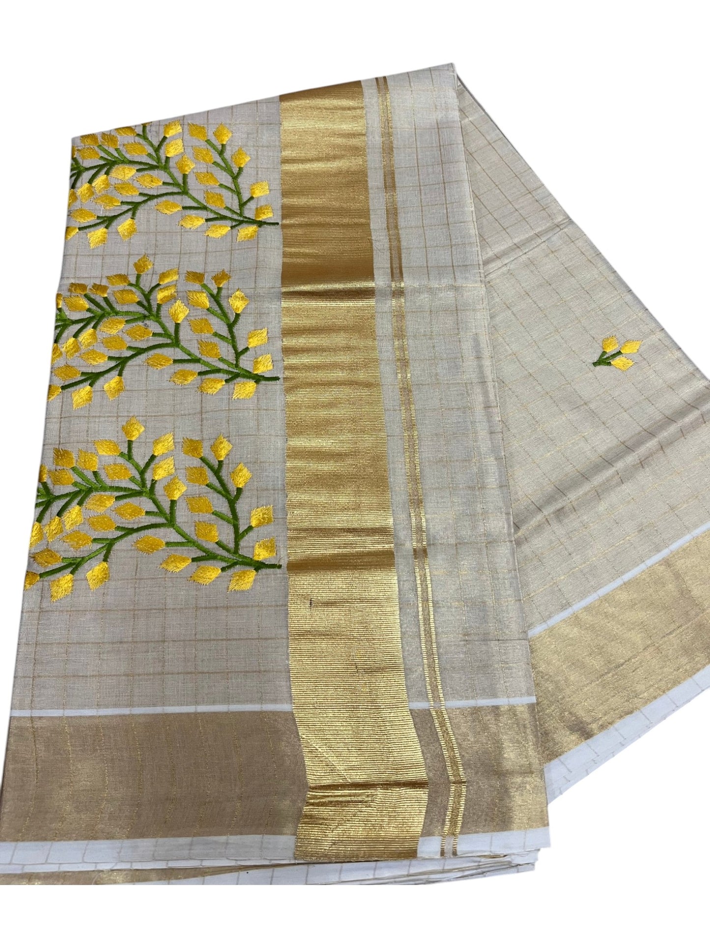 Southloom Kerala Tissue Kasavu Check Saree with Yellow Floral embroidery work