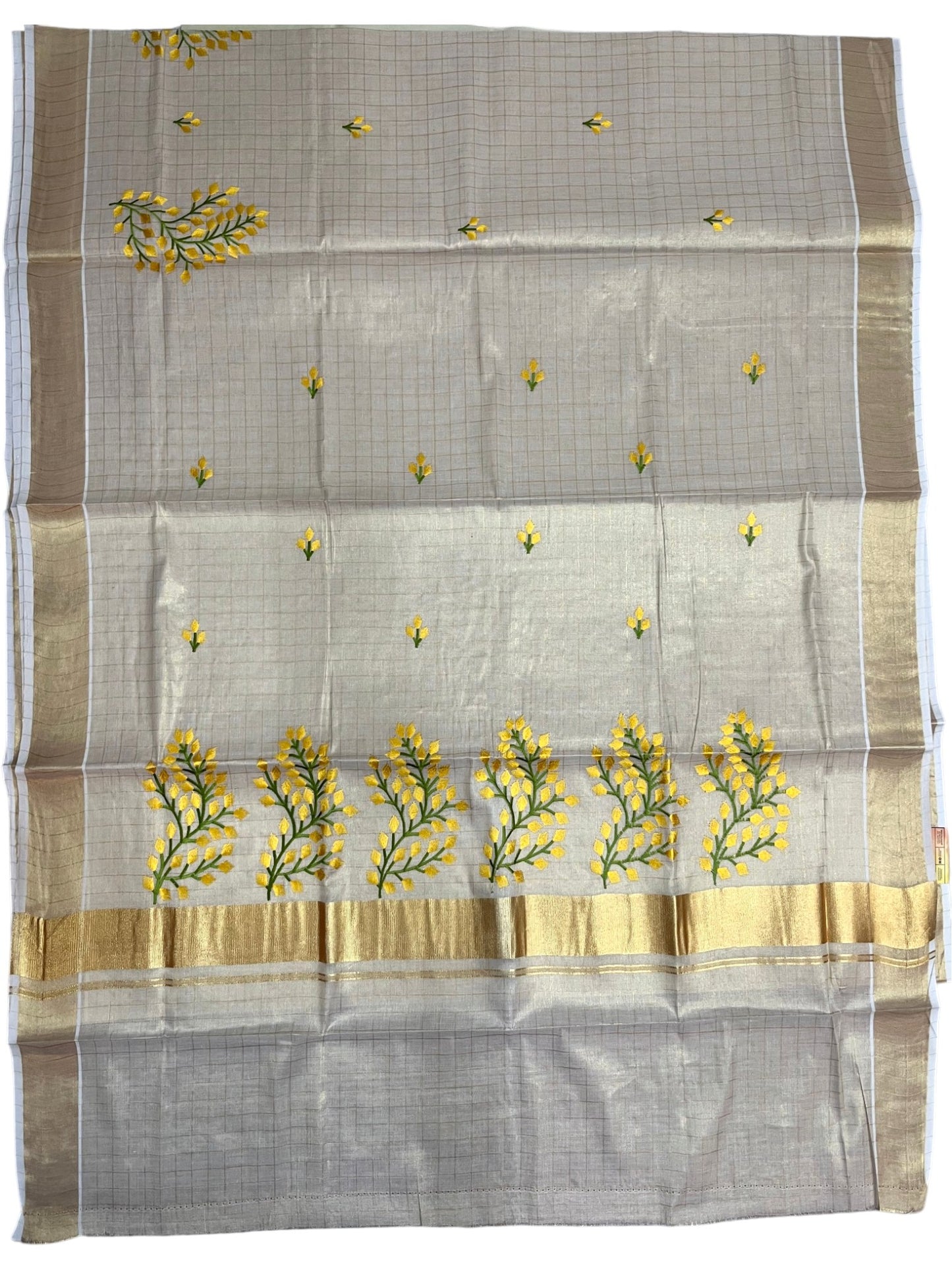 Southloom Kerala Tissue Kasavu Check Saree with Yellow Floral embroidery work