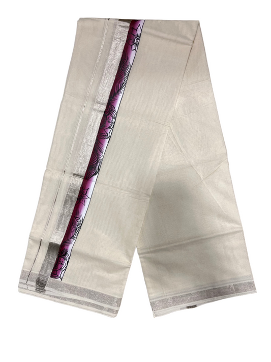 Kerala Pure Cotton Double Mundu with Mural Hand Painted Design on Silver Kasavu Border (Onam 2024 Special)