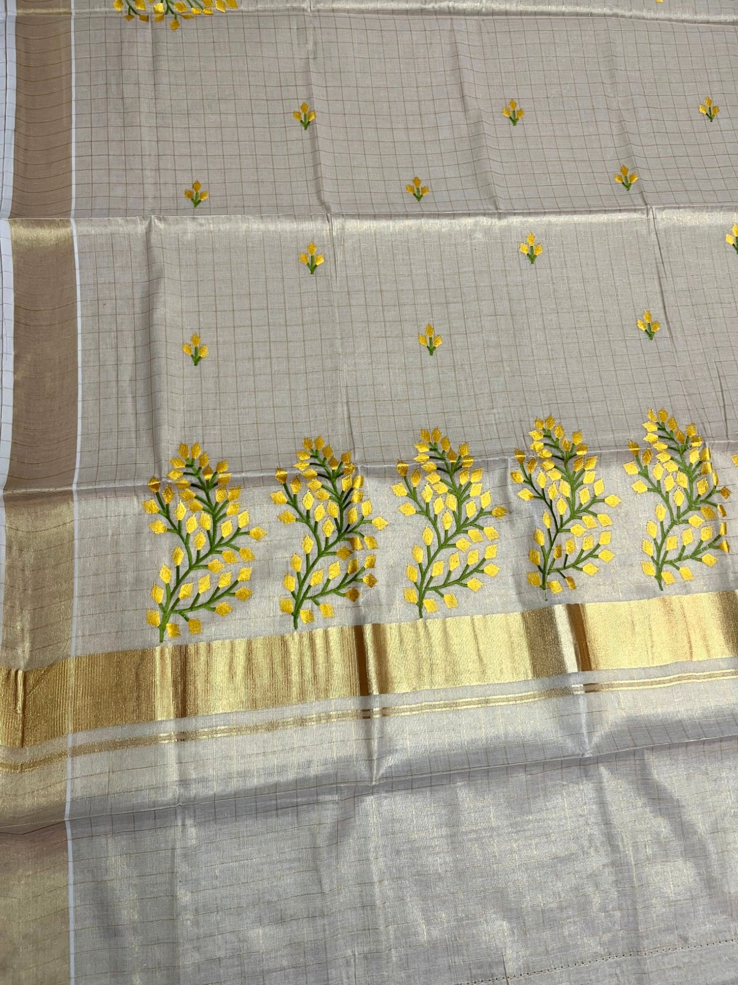 Southloom Kerala Tissue Kasavu Check Saree with Yellow Floral embroidery work