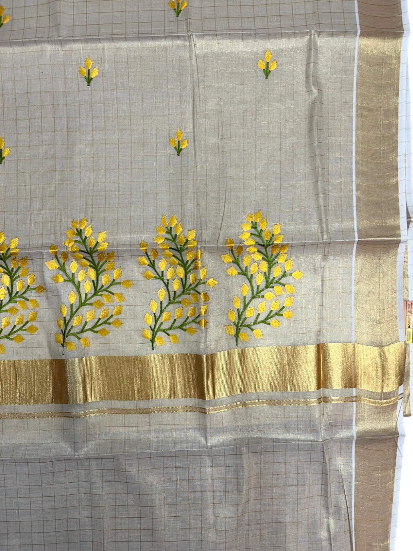 Southloom Kerala Tissue Kasavu Check Saree with Yellow Floral embroidery work