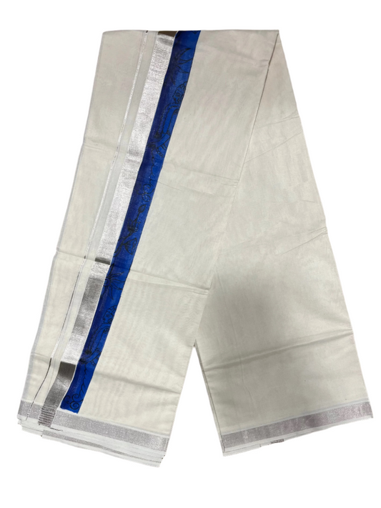 Kerala Pure Cotton Double Mundu with Mural Hand Painted Design on Silver Kasavu Border (Onam 2024 Special)