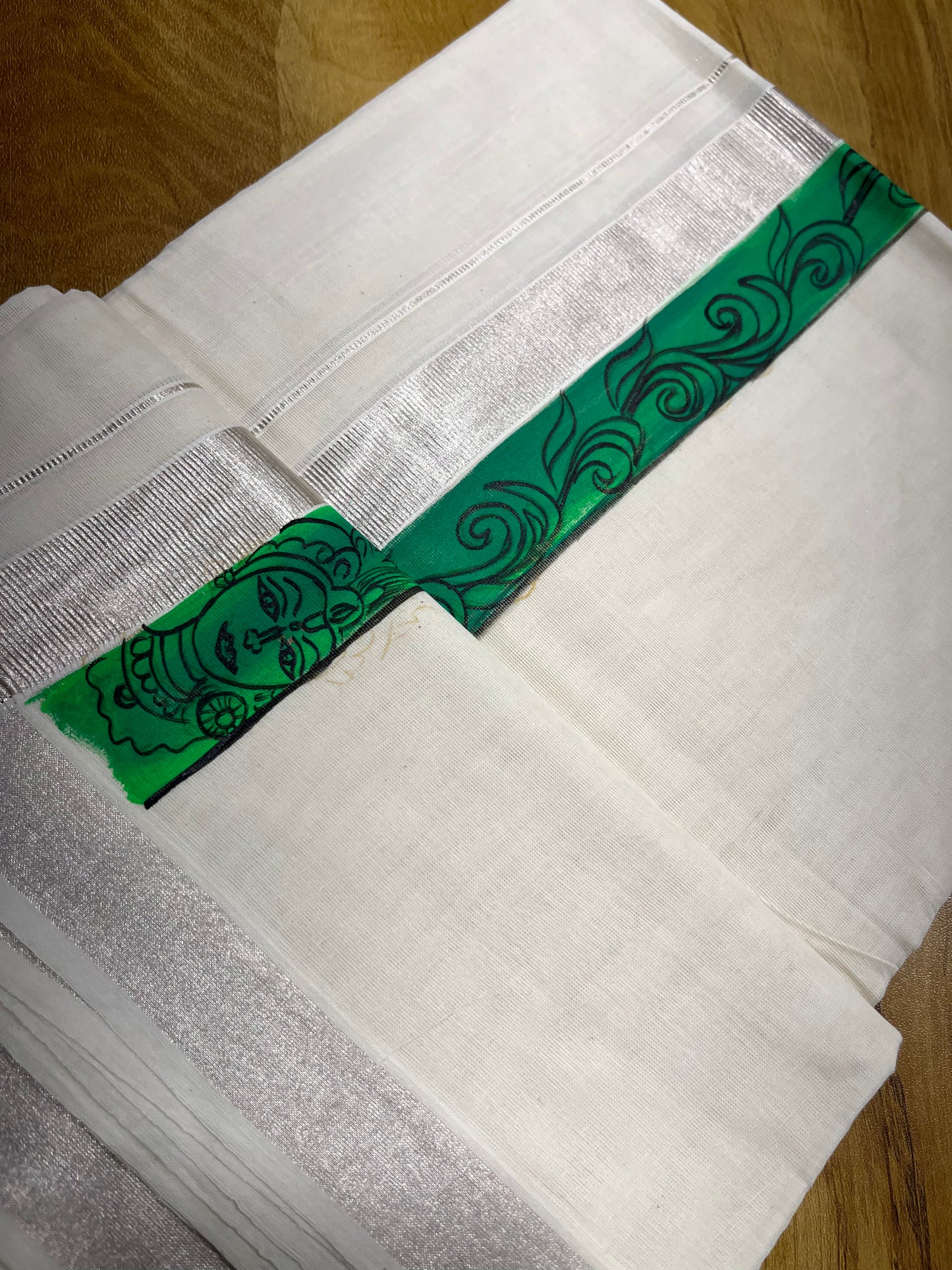 Kerala Pure Cotton Double Mundu with Mural Hand Painted Design on Silver Kasavu Border (Onam 2024 Special)