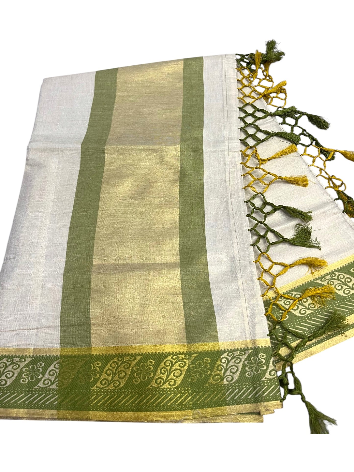 Southloom Kerala Tissue Kasavu Plain Saree with Olive Green Border