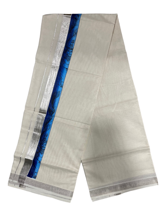 Kerala Pure Cotton Double Mundu with Mural Hand Painted Design on Silver Kasavu Border (Onam 2024 Special)