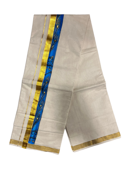 Kerala Pure Cotton Double Mundu with Mural Hand Painted Design on Silver Kasavu Border (Onam 2024 Special)