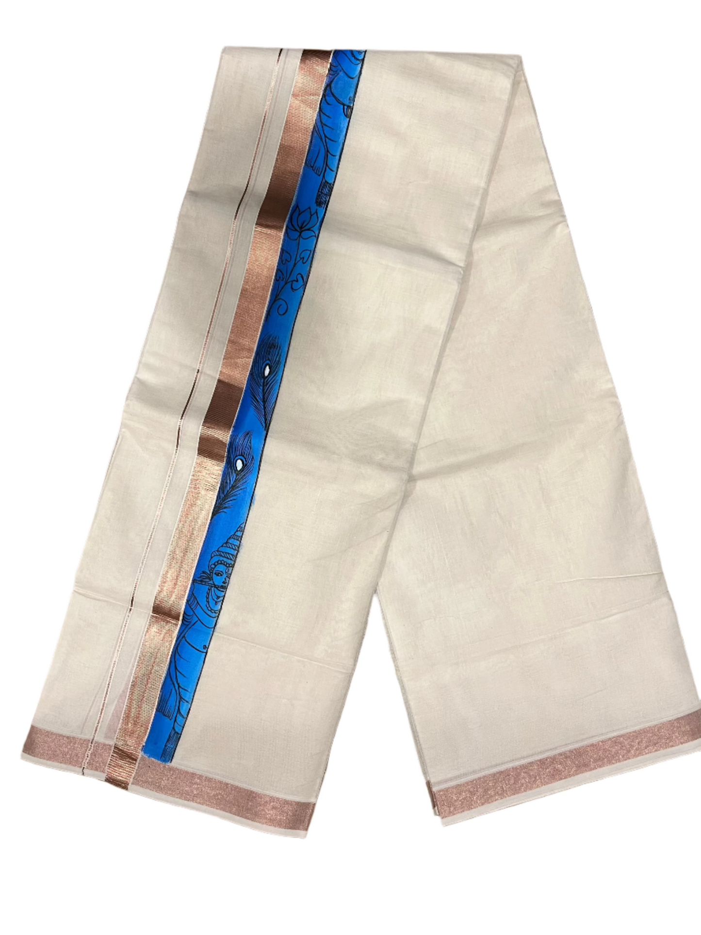 Southloom Antique Copper Kasavu Double Mundu with Hand Painted Mural Design Across Kara (Onam 2024 Special)