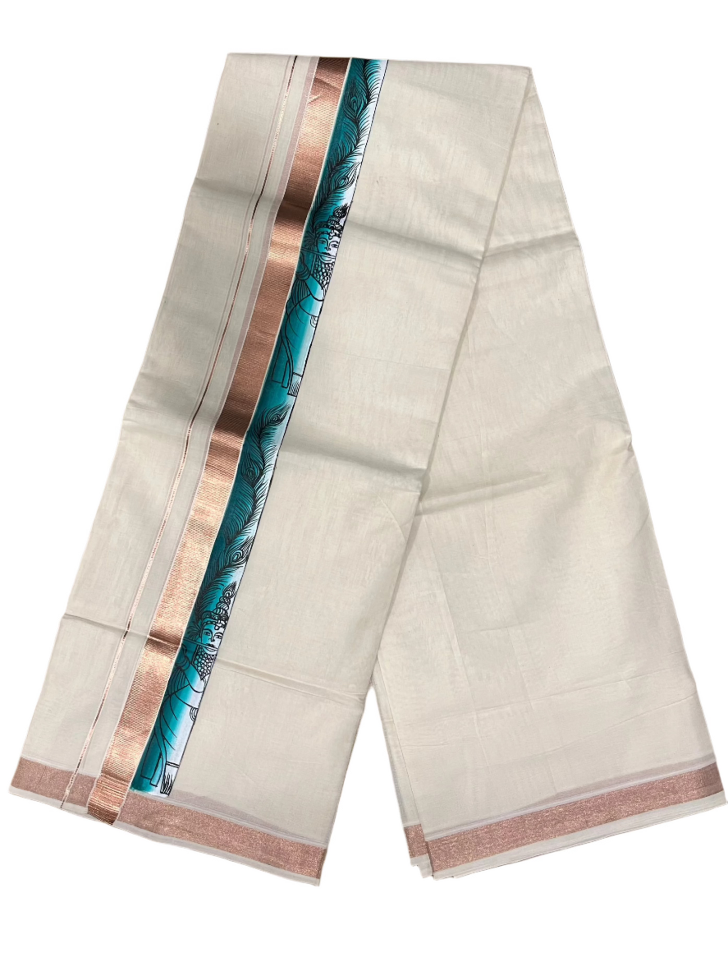 Southloom Antique Copper Kasavu Double Mundu with Hand Painted Mural Design Across Kara (Onam 2024 Special)