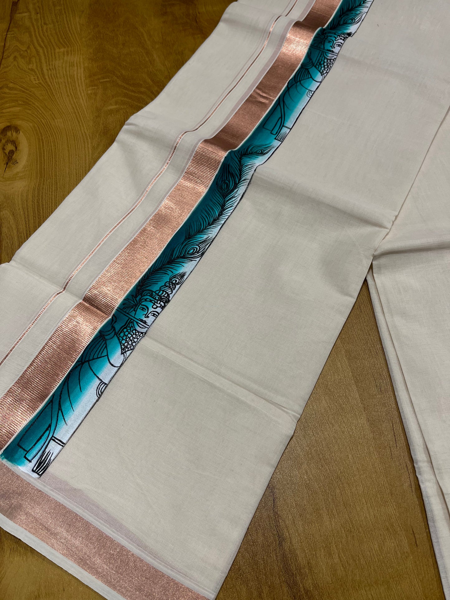 Southloom Antique Copper Kasavu Double Mundu with Hand Painted Mural Design Across Kara (Onam 2024 Special)