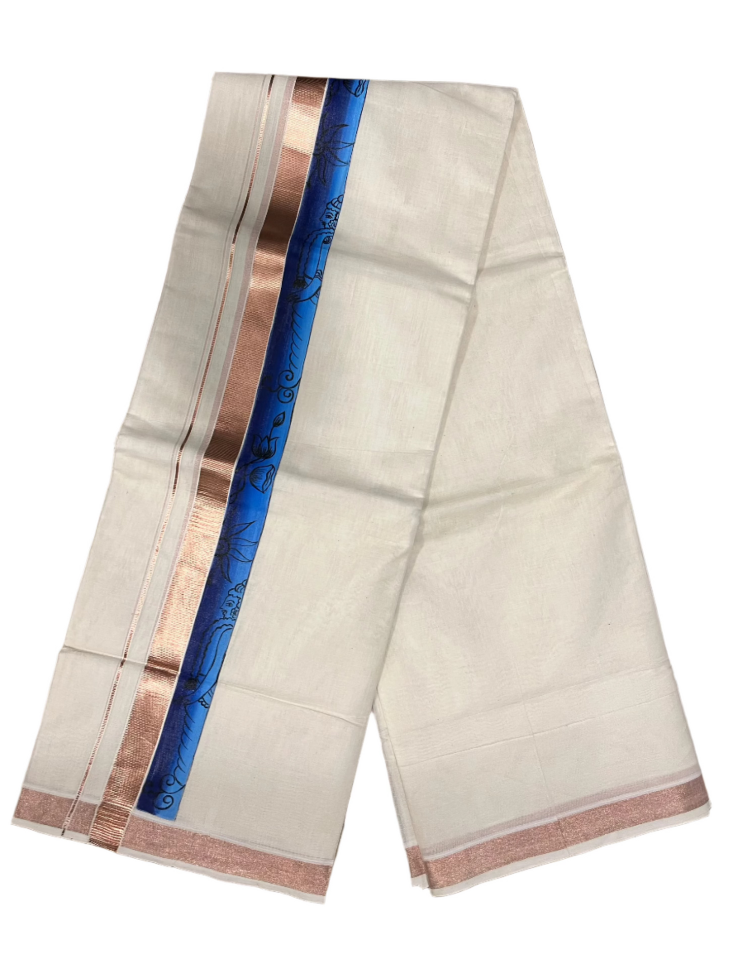 Southloom Antique Copper Kasavu Double Mundu with Hand Painted Mural Design Across Kara (Onam 2024 Special)