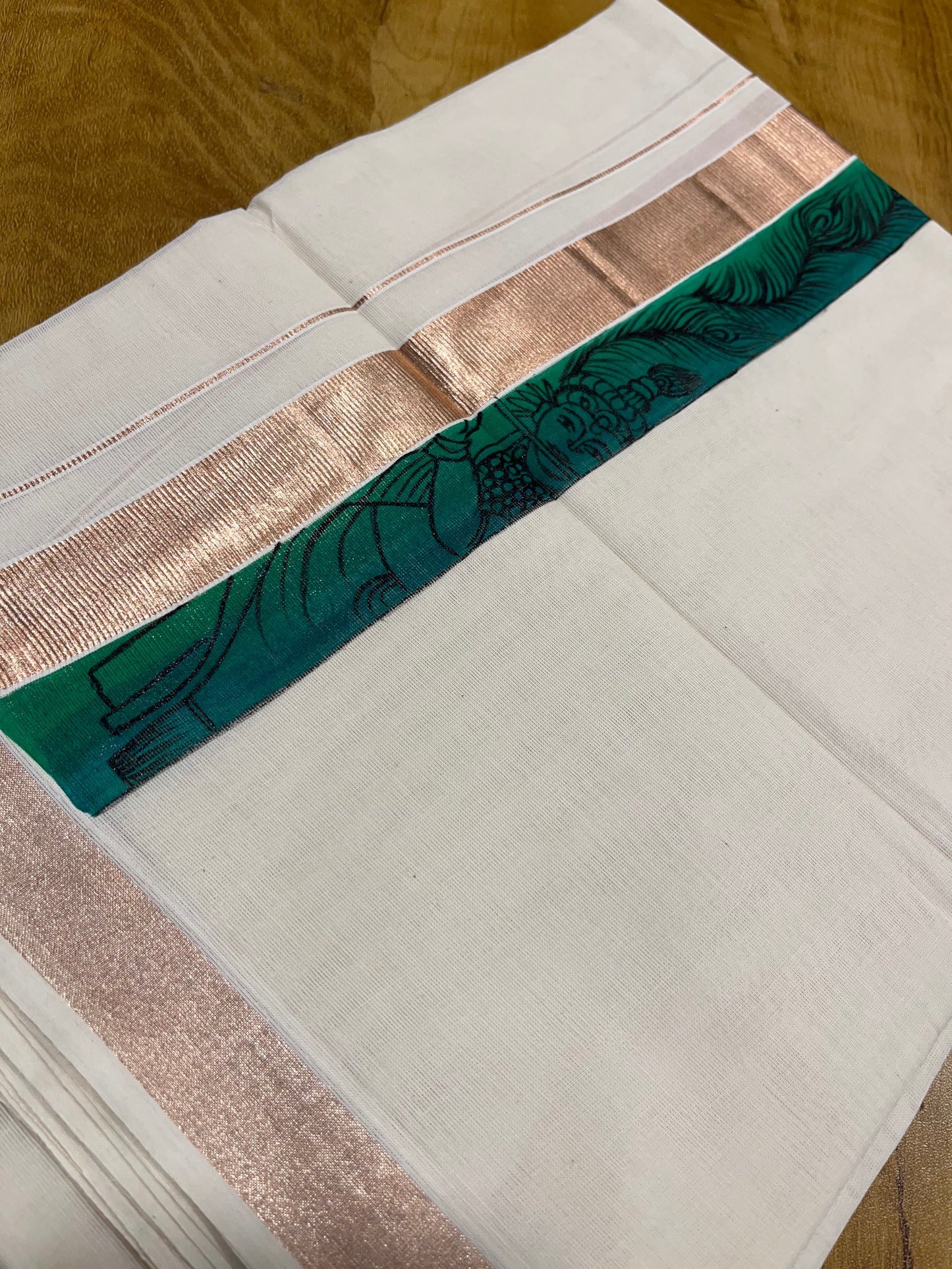 Southloom Antique Copper Kasavu Double Mundu with Hand Painted Mural Design Across Kara (Onam 2024 Special)