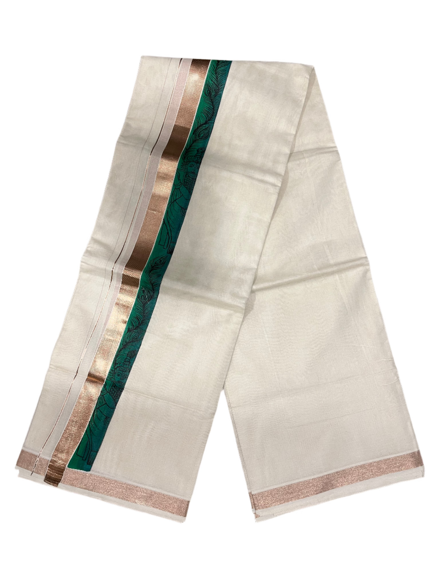 Southloom Antique Copper Kasavu Double Mundu with Hand Painted Mural Design Across Kara (Onam 2024 Special)