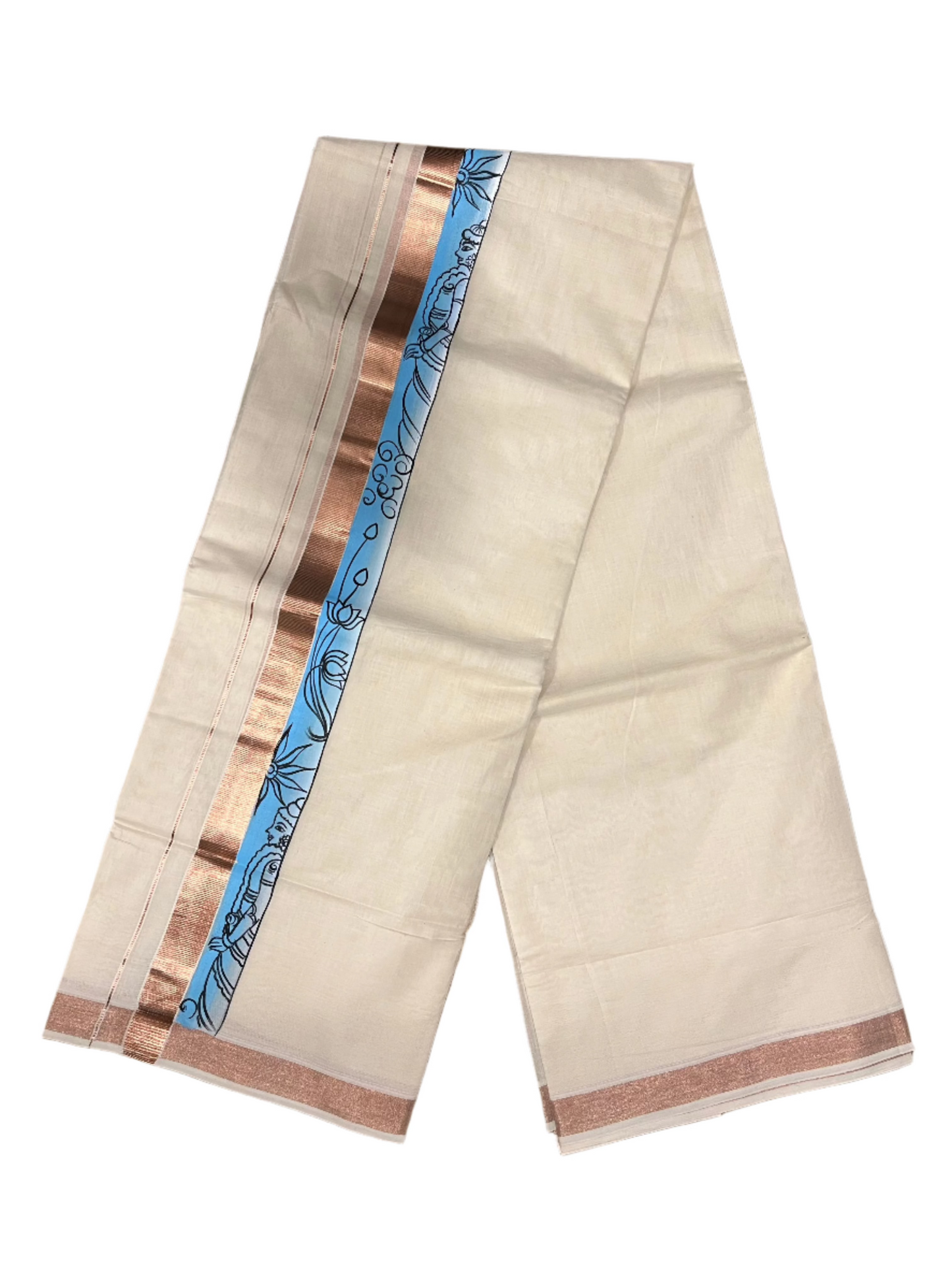 Southloom Antique Copper Kasavu Double Mundu with Hand Painted Mural Design Across Kara (Onam 2024 Special)