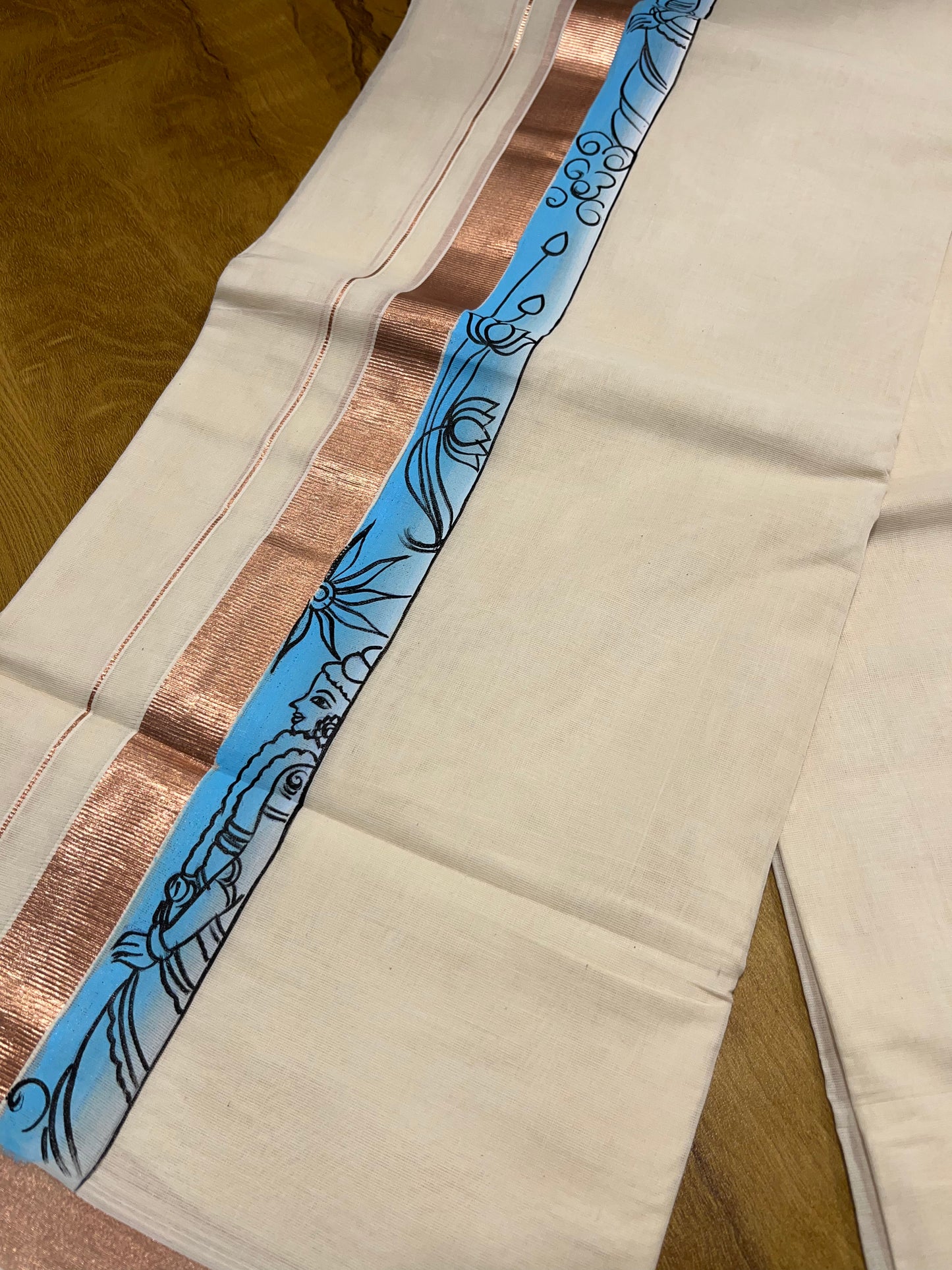 Southloom Antique Copper Kasavu Double Mundu with Hand Painted Mural Design Across Kara (Onam 2024 Special)