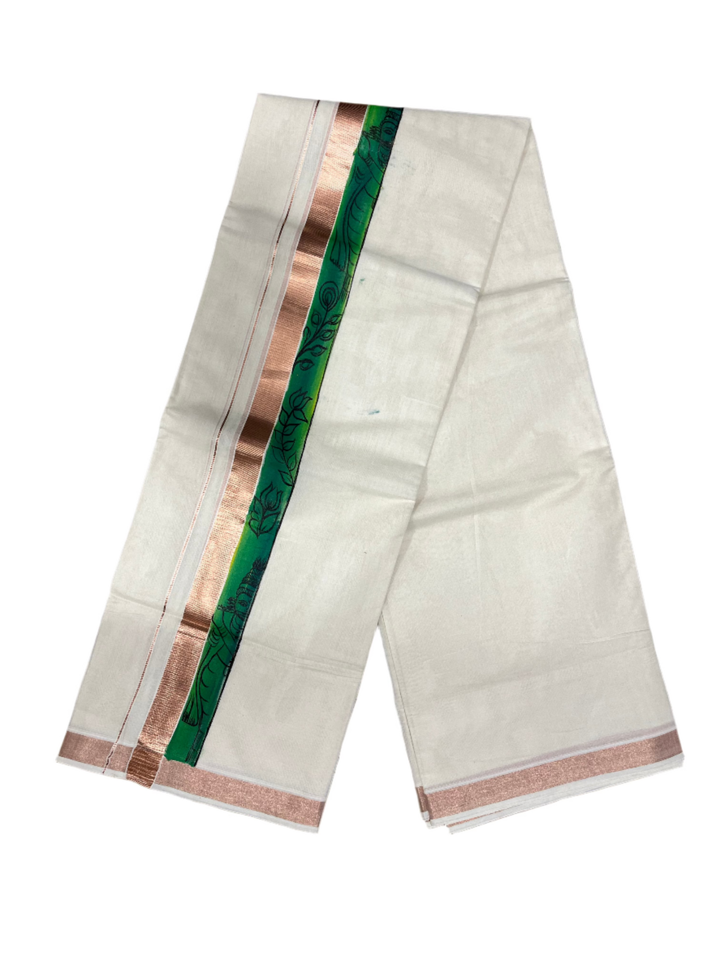 Southloom Antique Copper Kasavu Double Mundu with Hand Painted Mural Design Across Kara (Onam 2024 Special)