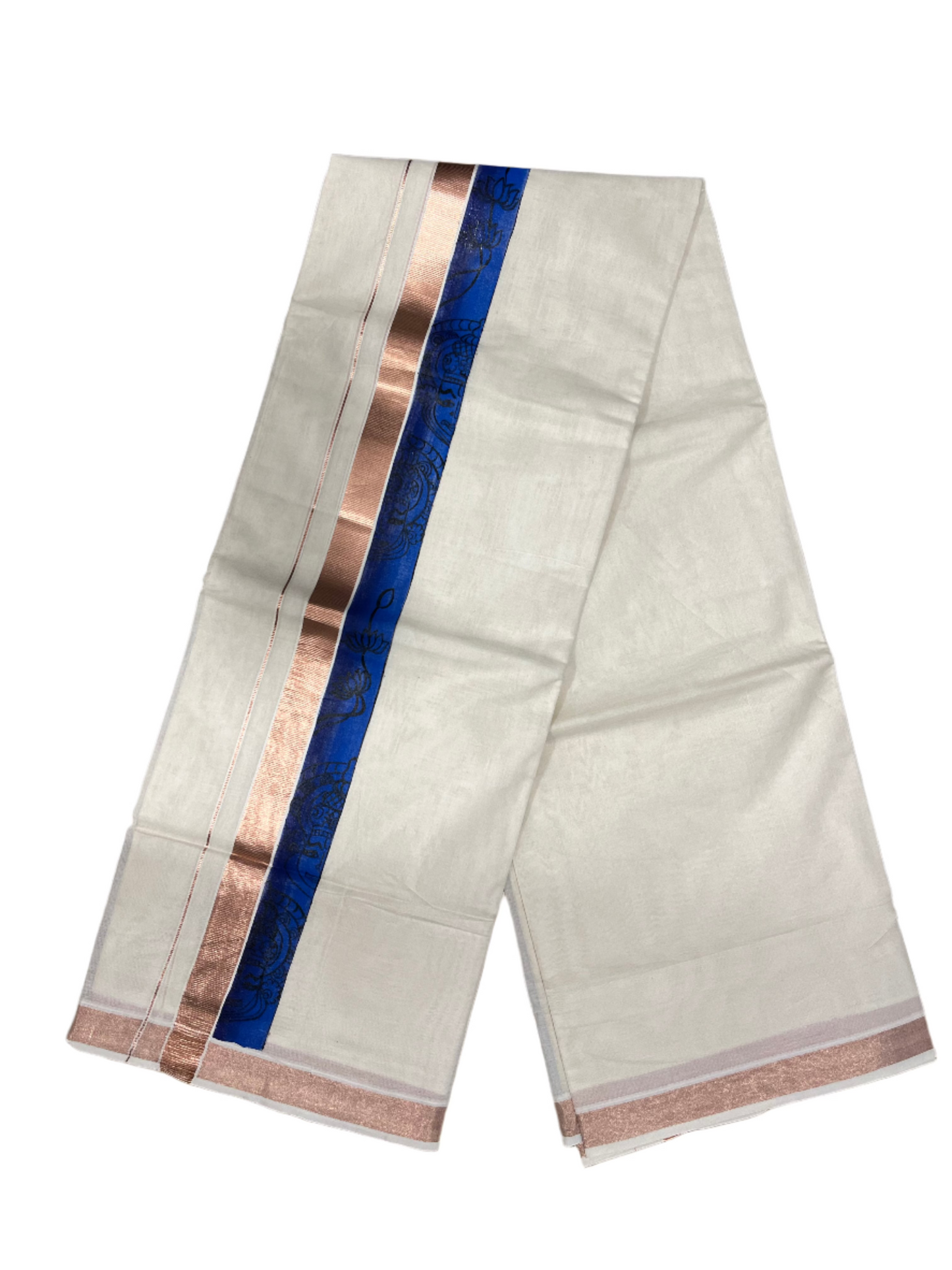 Southloom Antique Copper Kasavu Double Mundu with Hand Painted Mural Design Across Kara (Onam 2024 Special)