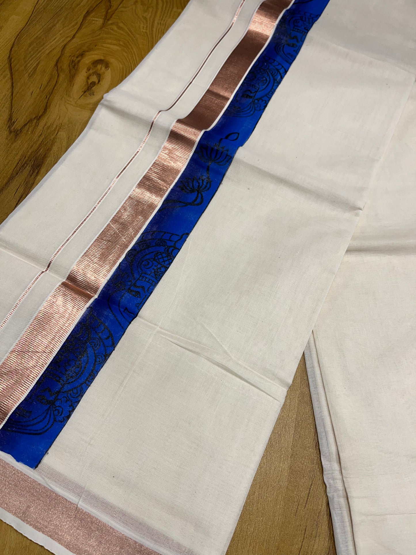 Southloom Antique Copper Kasavu Double Mundu with Hand Painted Mural Design Across Kara (Onam 2024 Special)