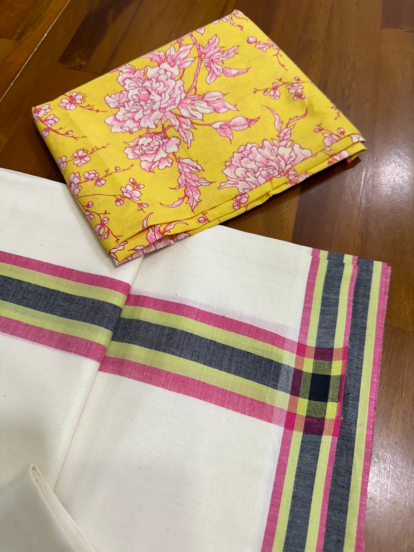 Southloom Mulloth Soft Cotton Set Mundu with Jaipur Printed Blouse Piece (2.50 M Neriyathu / Blouse 1 Meter)