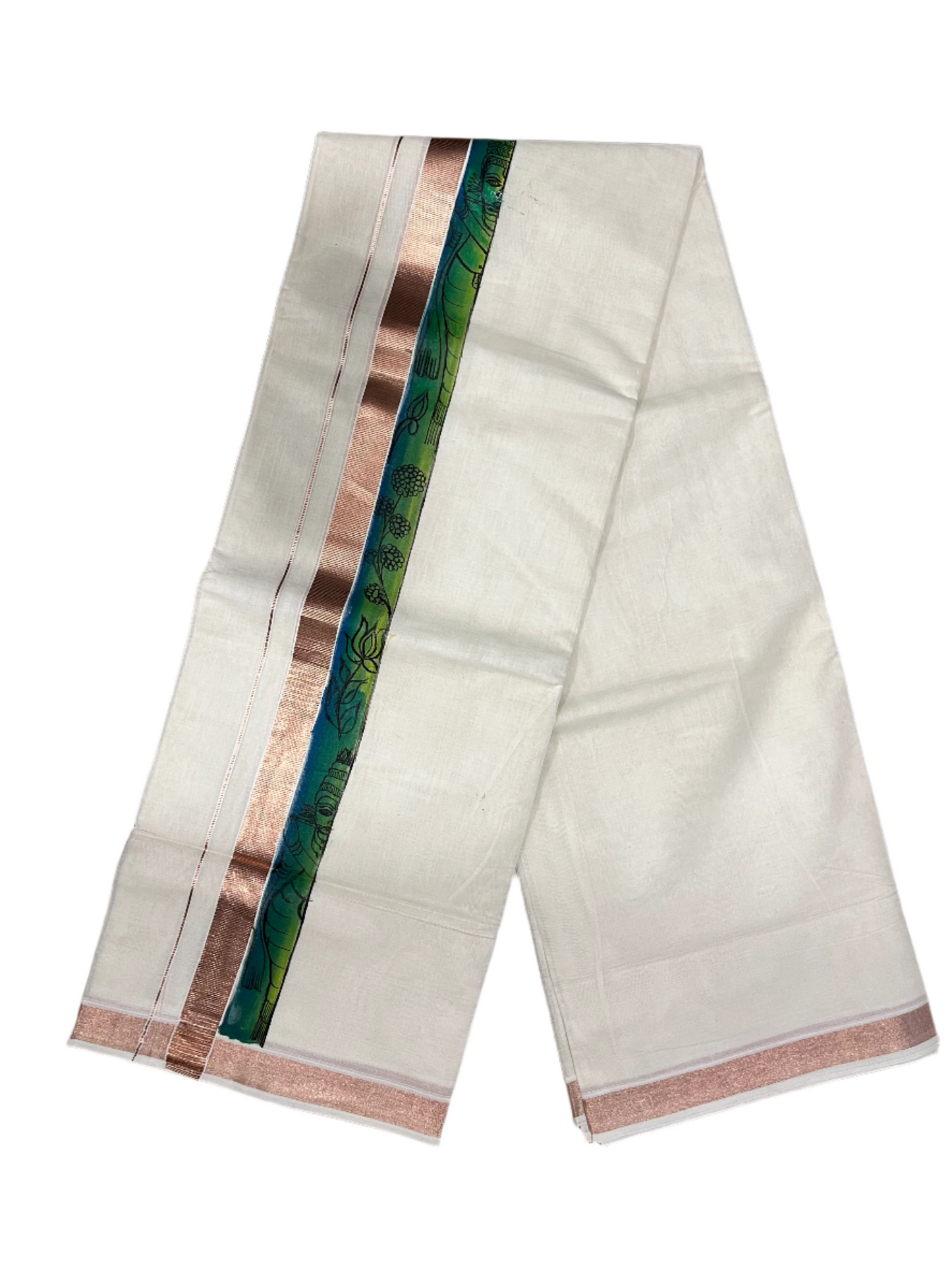 Southloom Antique Copper Kasavu Double Mundu with Hand Painted Mural Design Across Kara (Onam 2024 Special)