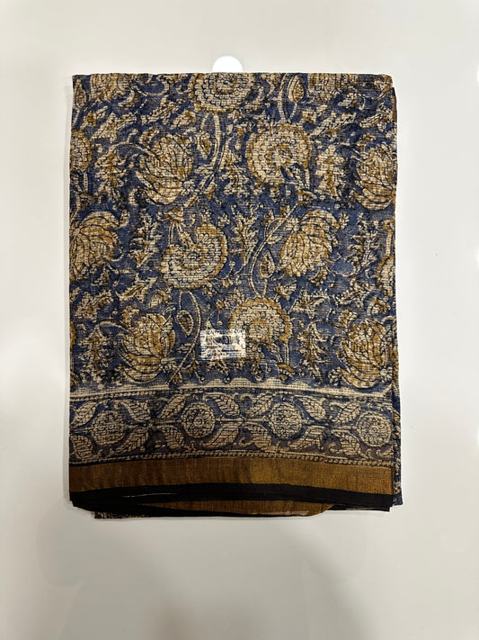 Southloom Kota Doria Cotton Saree with Hand Block Print on Blue Base