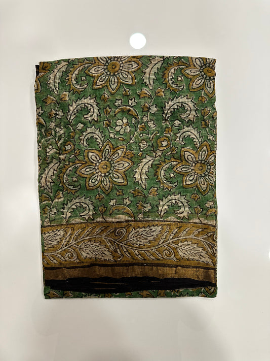 Southloom Kota Doria Cotton Saree with Hand Block Print on Green Base