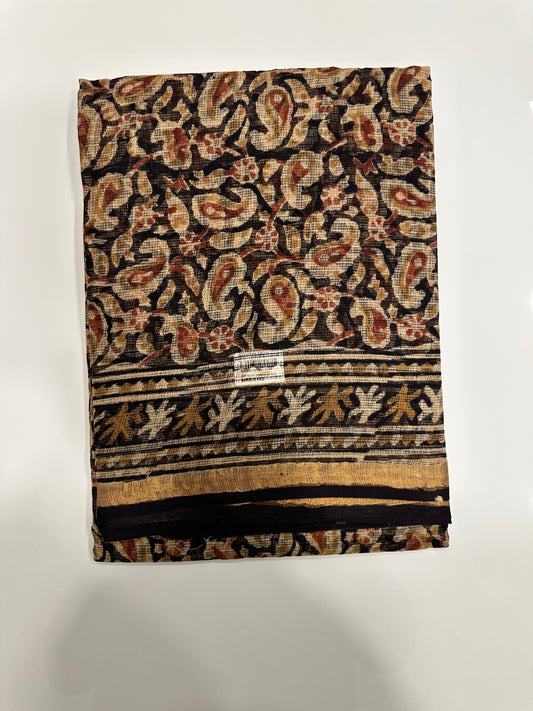 Southloom Kota Doria Cotton Saree with Hand Block Print on Black Base