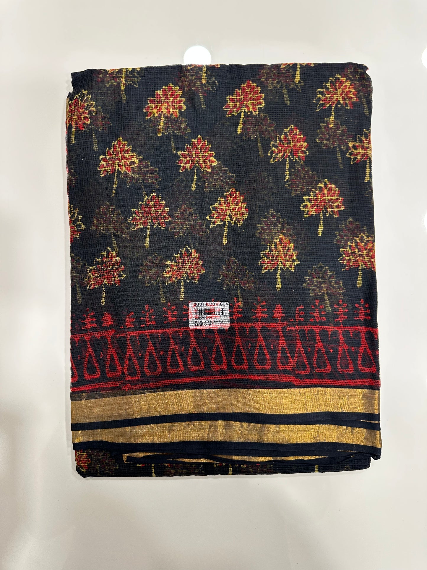 Southloom Kota Doria Cotton Saree with Hand Block Print on Blue Base