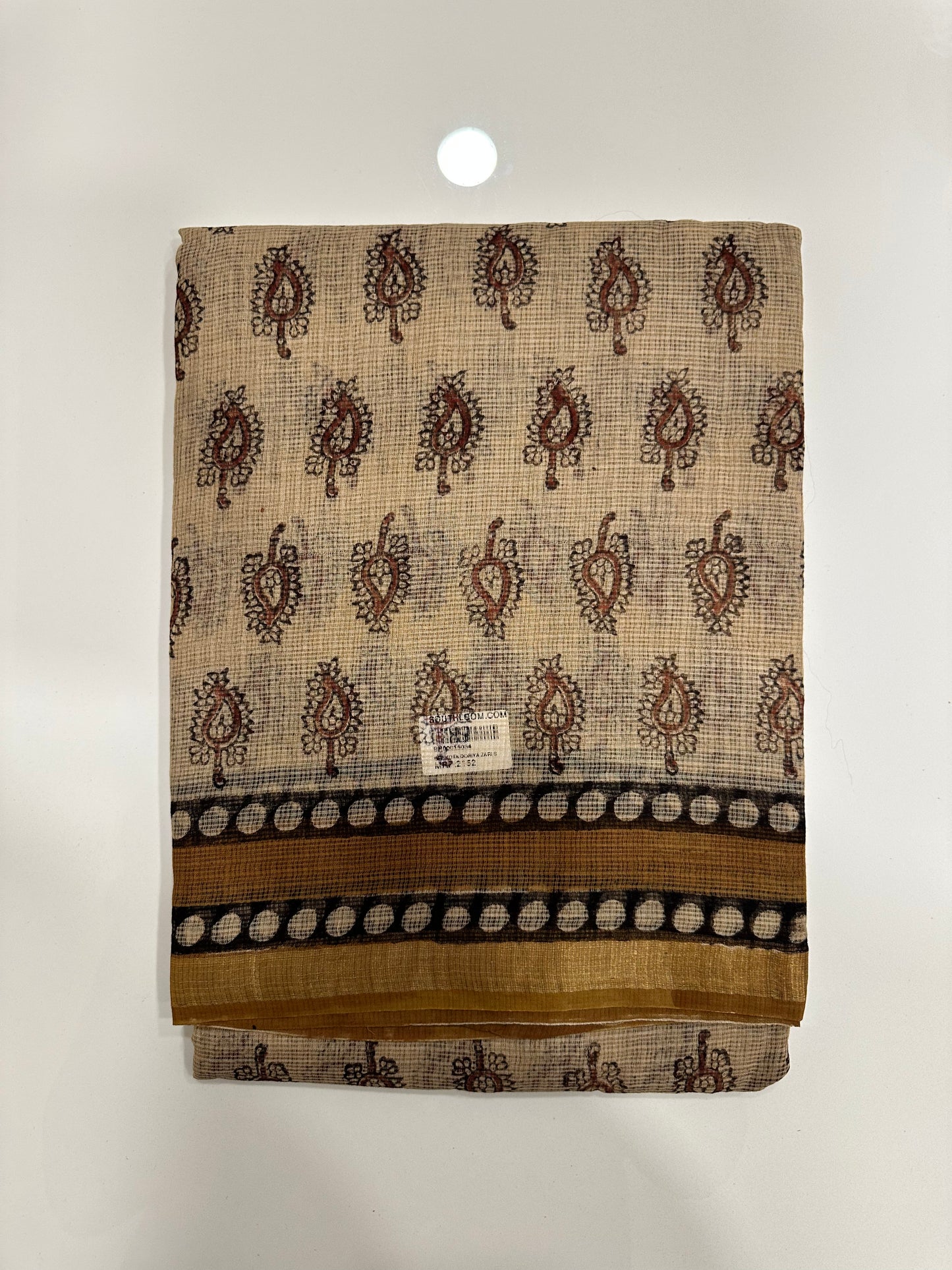 Southloom Kota Doria Cotton Saree with Hand Block Print on Beige Base