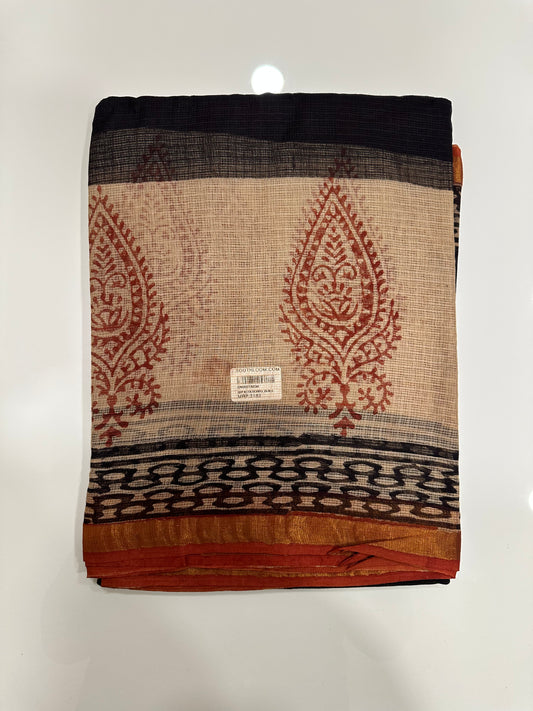 Southloom Kota Doria Cotton Saree with Hand Block Print on Black Base