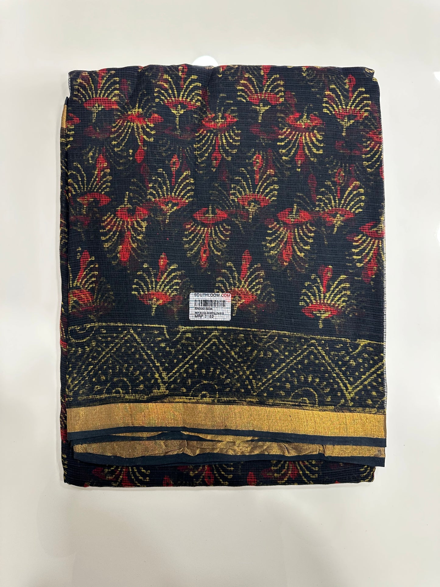 Southloom Kota Doria Cotton Saree with Hand Block Print on Blue Base