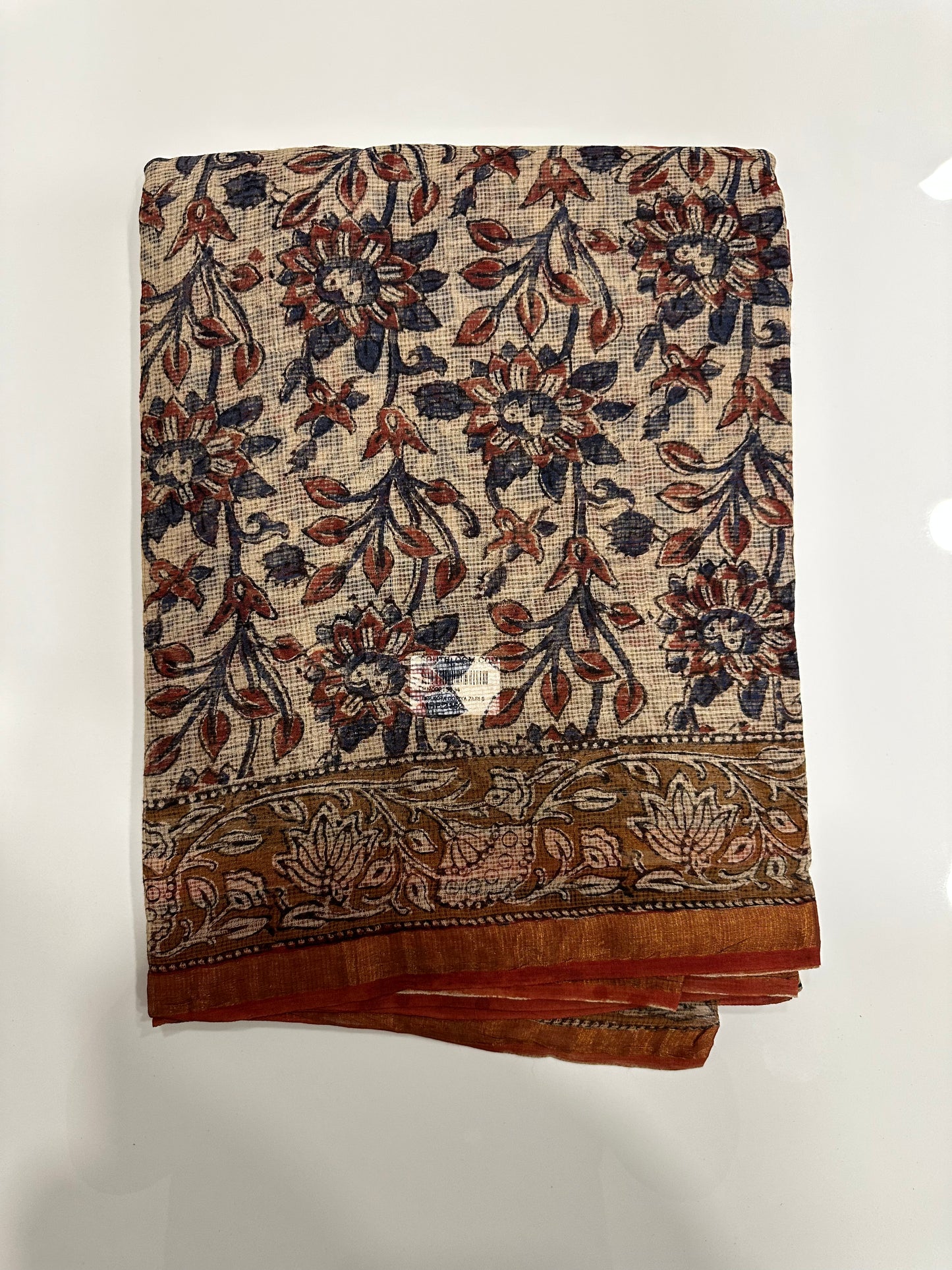 Southloom Kota Doria Cotton Saree with Hand Block Print on Beige Base