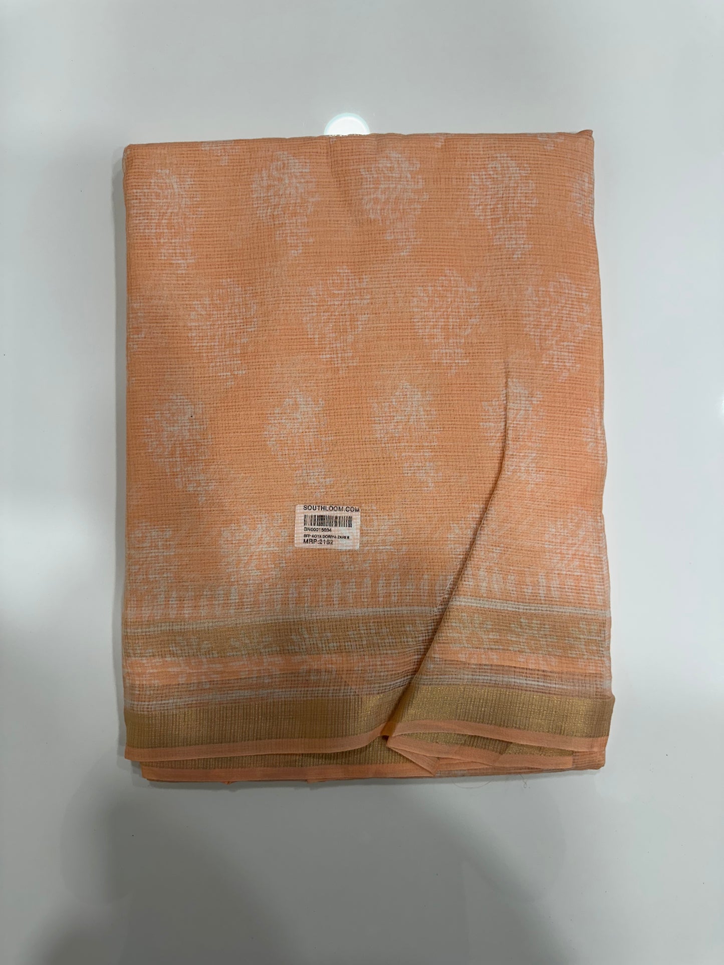 Southloom Kota Doria Cotton Saree with Hand Block Print on Peach Base