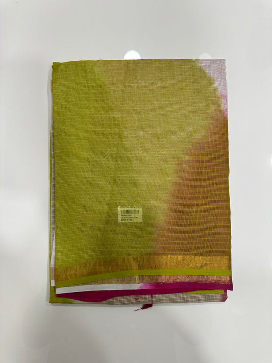 Southloom Kota Doria Cotton Saree with Hand Block Print on Green Base