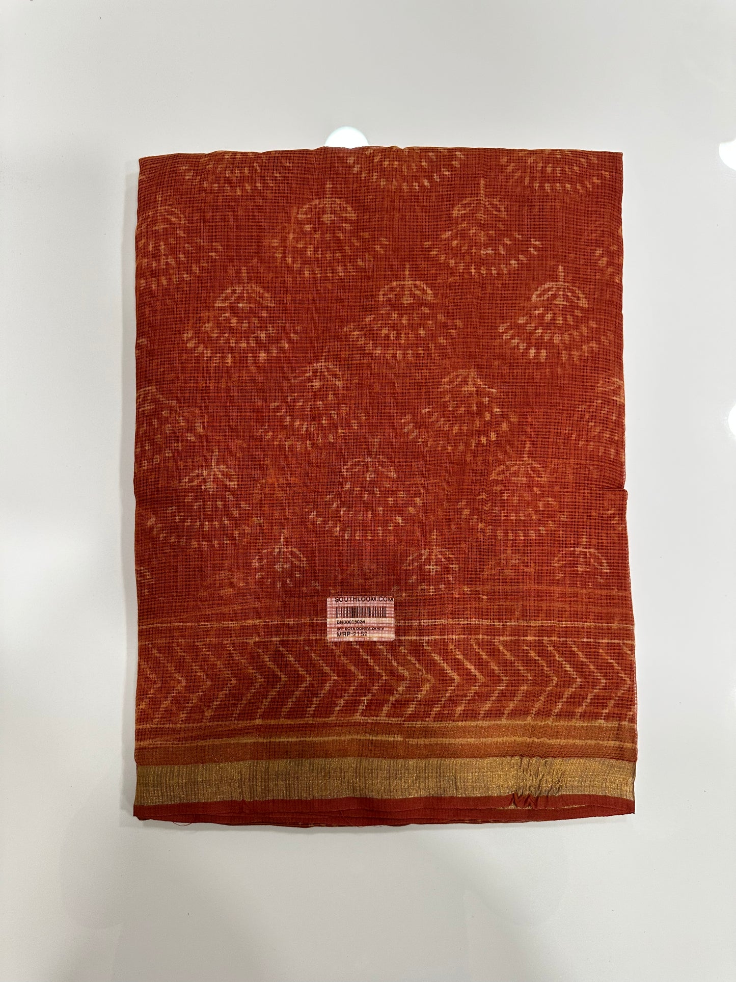 Southloom Kota Doria Cotton Saree with Hand Block Print on Brick Red Base