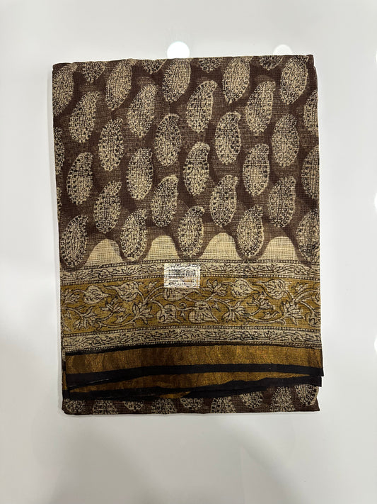 Southloom Kota Doria Cotton Saree with Hand Block Print on Brown Base