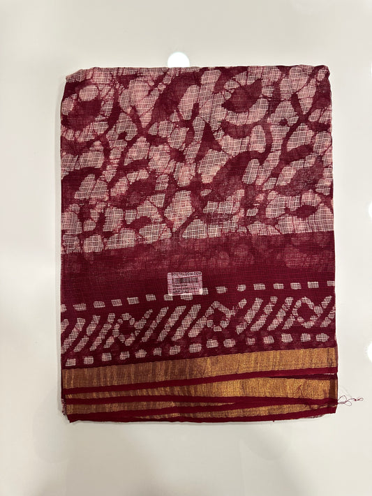 Southloom Kota Doria Cotton Saree with Hand Block Print on Maroon Base