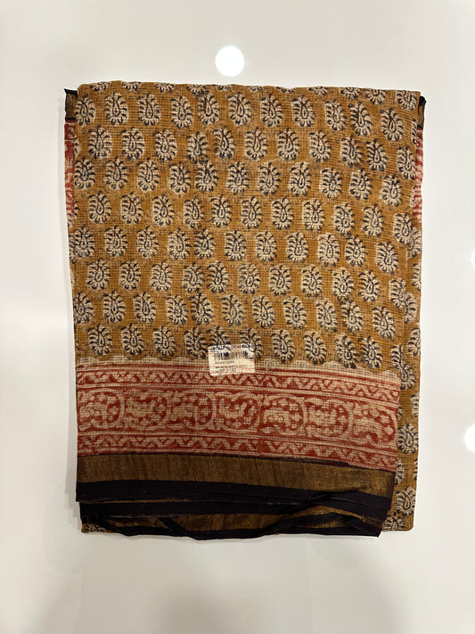 Southloom Kota Doria Cotton Saree with Hand Block Print on Brown Base