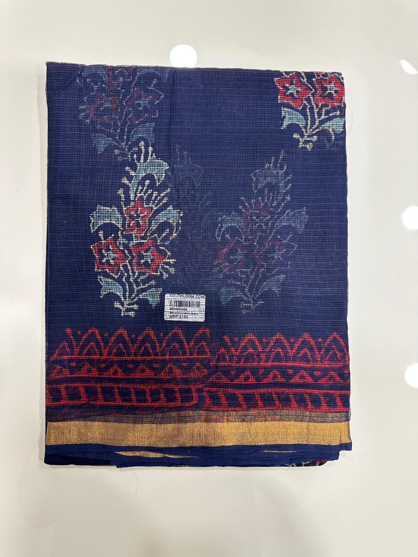 Southloom Kota Doria Cotton Saree with Hand Block Print on Blue Base